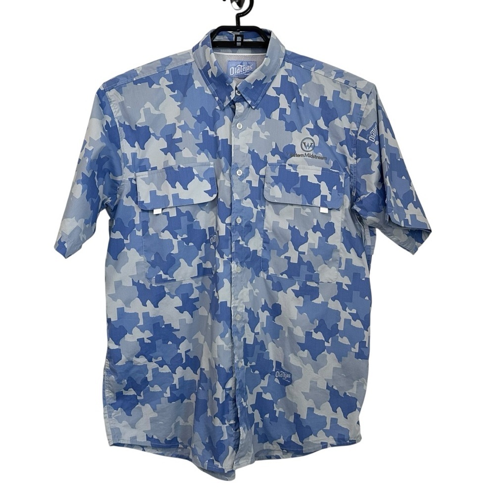 Old Tejas Mens Camo Vented Field Short Sleeve Shirt Sz Large Blue Outdoors Texas